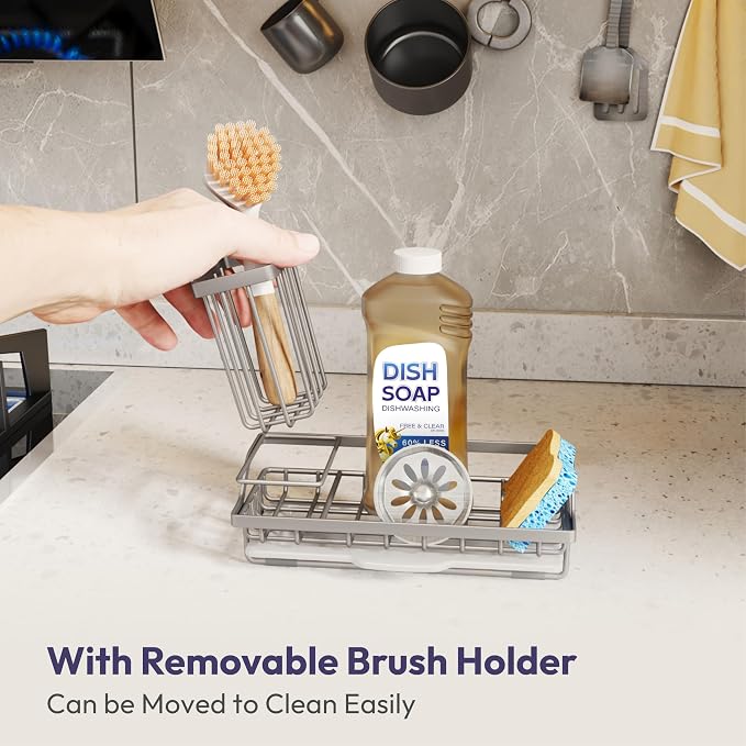 SWTYMIKI Sink Caddy Sponge Holder - Kitchen Sink Organizer with High Brush Holder for Countertop to Hold Dish Soaps and Sponges, Stainless Steel, Sand Nickel - Image 4