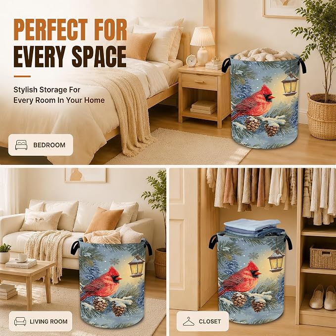 Cardinal Bird Laundry Basket, Oxford Cloth Foldable Hamper with Handles,Winter Pine Tree Portable Clothes Storage Bucket and Laundry Bag for Bathroom Laundry Room Bedroom Dorm - Image 7