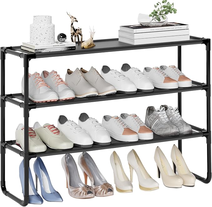 Long Shoe Rack, 3-Tier Stackable Shoe Organizer for Closet, Entryway, Hallway, Extra Bottom Layer, Holds 16-20 Pairs, Sturdy & Durable Waterproof Fabric Shelf, Space-Saving,Black(35.8" Wide) by COAPUKT