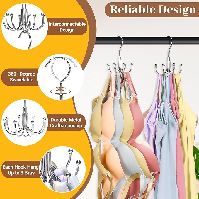 2 Packs Bra Hanger for Closet, Stackable Tank Top Organizer 16 Hooks for Closet Organization and Storage, Stainless Steel Space Saving Clothes Hook Hanger for Belt, Tank Top, Bra, Tie, Scarves - Image 3