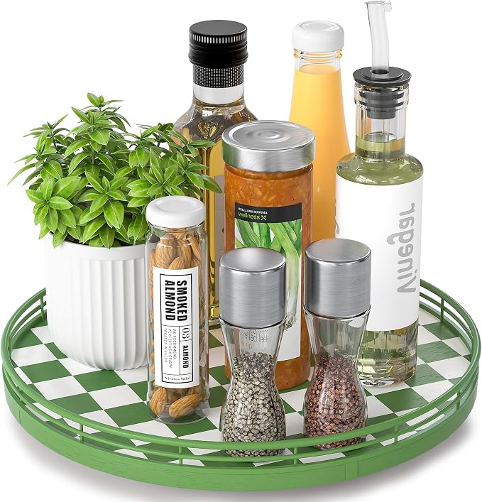 AMH 12-Inch Green and White Checkerboard Lazy Susan with Rubberwood Base by AMH