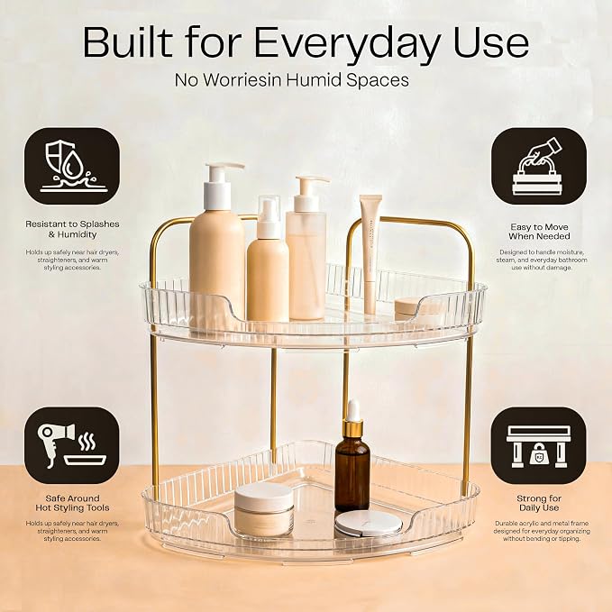 2-Tier Acrylic Corner Bathroom Organizer, 9" x 9" x 11" Large Round Countertop Shelf with Handle, Clear Acrylic Skincare & Makeup Storage Tray, Waterproof Vanity Organizer for Kitchen & Dresser - Image 9