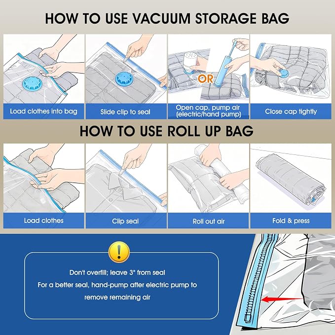 AROIC 50 Pack Vacuum Storage Bags, 5 Sizes + 2 Roll-up (8 Each) Space Saver - Image 6