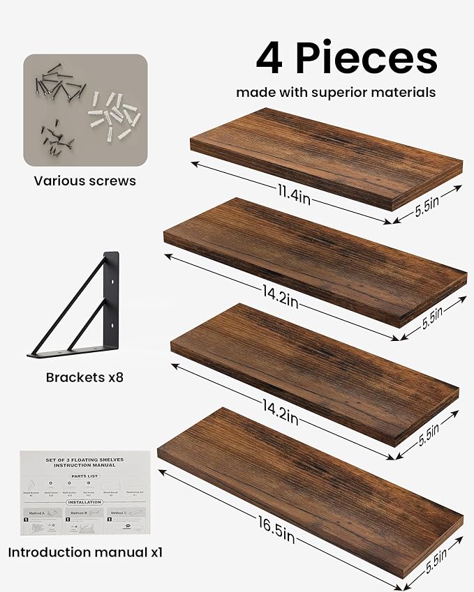 BAYKA Wall Shelves for Bathroom Decor, Wood, Rustic Brown, Set of 4, 16in - Image 8