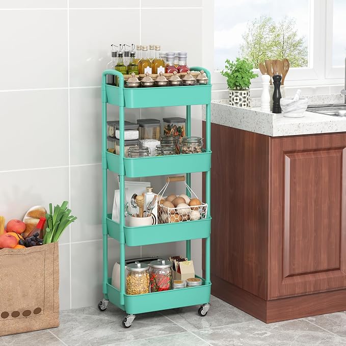 Sywhitta 4-Tier Plastic Rolling Utility Cart with Wheels for Storage,Green - Image 3