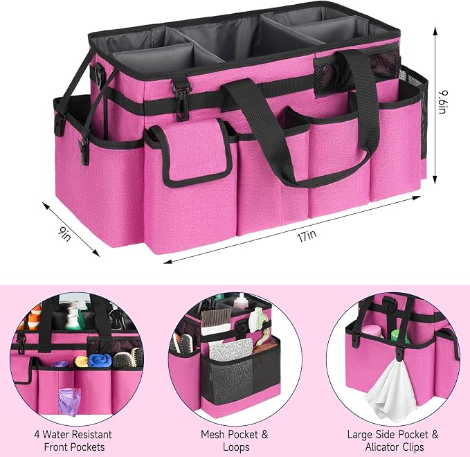 Cleaning Caddy Bag,Extra Large Cleaning Supplies Organizer with Handle for Housekeepers,Rose Red - Image 4