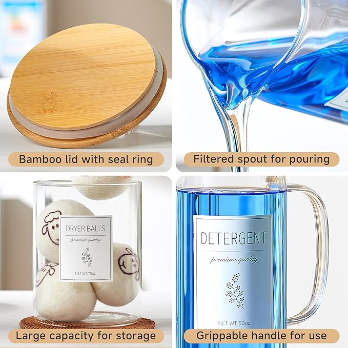 Glass Laundry Detergent Dispenser Set - 2x50oz & 2x70oz Borosilicate Containers with Bamboo Lids, Handle& Labels, Stores Powder,laundry pods,Fabric Softener, for Laundry Room organization and Decor - Image 5