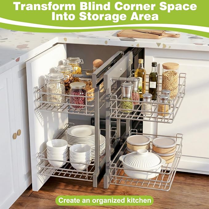 Blind Corner Pull Out Organizer for 36" Cabinet Left Open & Right Open Compatible 2 Tier 4 Shelves Adjustable Height - Image 3