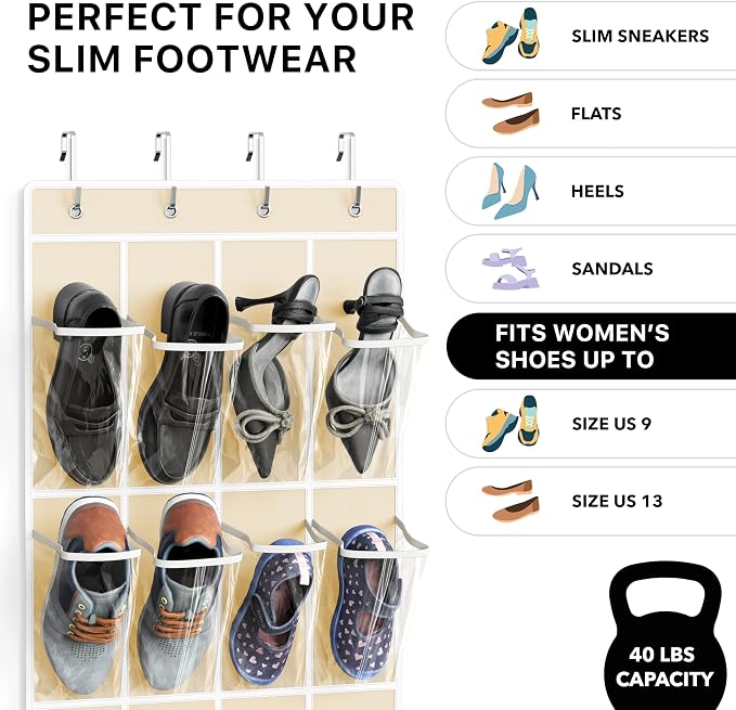Simple Houseware 24 Pockets Clear Over the Door Shoe Organizer, Beige | 64" x 19", 4 Durable Metal Hooks, 4.3" x 9.5" Pocket Size, Multipurpose - Image 3