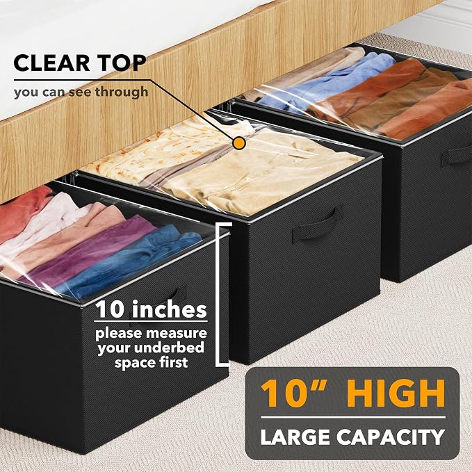 SpaceAid 3 Pack 10" High Under Bed Storage Containers, Large Underbed Storage Organizer Bins with Lids for Bedroom, Dorm, Clothes, Closet Organization, Bed Sheets and Blankets (Black) - Image 2