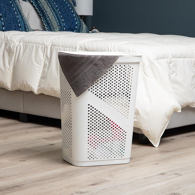 Mind Reader Slim Laundry Hamper with Lid, 60L Clothes Basket, Ventilated Plastic, White - Image 2