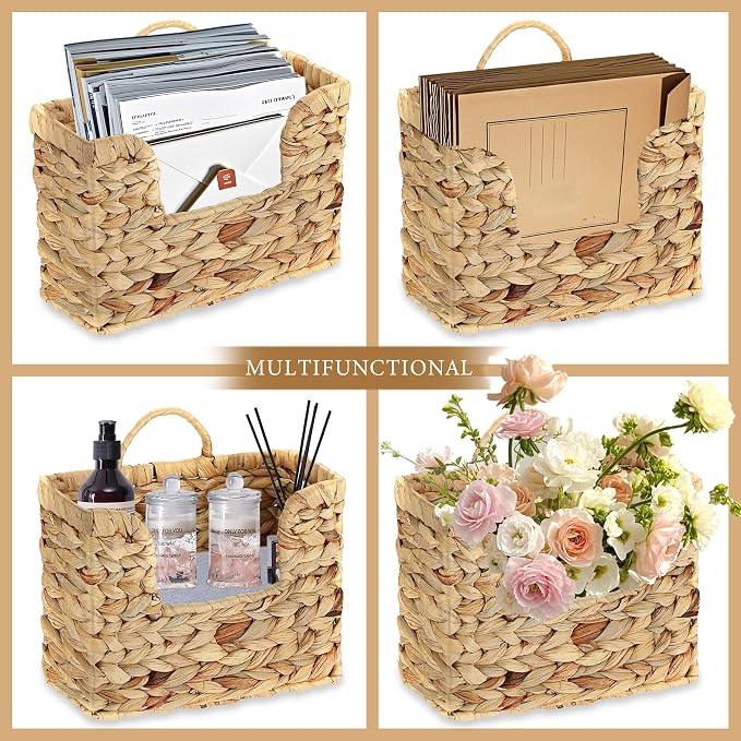Hanging Magazine Basket, Woven Wall Magazine Holder Organizer with Handle for Mail, Files, Books - Water Hyacinth Farmhouse Storage Rack for Bathroom, Kitchen, Office - Image 9