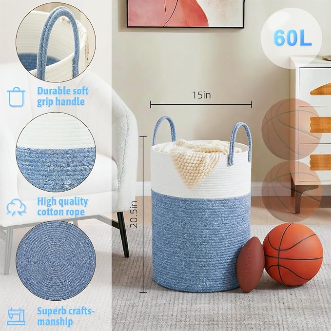Laundry Basket,Woven Cotton Rope Laundry Hamper,60L for Decor Storage of Dirty Clothes,Toys and Blankets in Bathroom,Baby Room and Living Room - Image 6