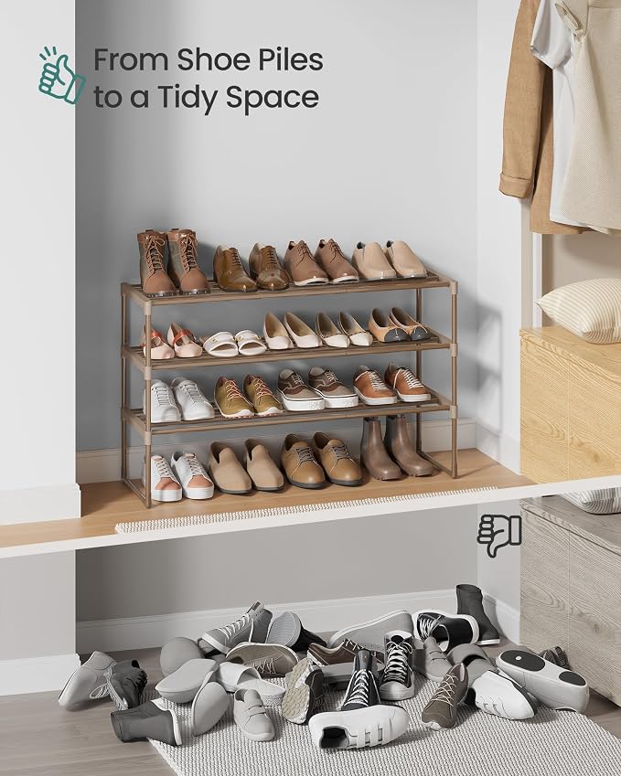 SONGMICS Shoe Rack, 3-Tier Shoe Organizer, Metal Storage Shelf | for Entryway, Upright or Upside Down, for 16-20 Pairs, Stackable, 11.8 x 36.2 x 21.7 Inches, Walnut Brown ULSA303K01 - Image 9