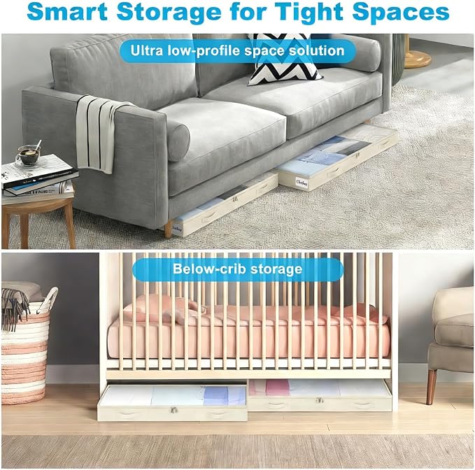 4 Inch Low Profile Under Bed Storage Drawer 2 Pack, Lightweight Underbed Clothes Storage Container Bins With NO STURCTURE, Shallow Storage Bag for Dorm & Home, With Clear Lids & Water-Resistant Fabric - Image 7