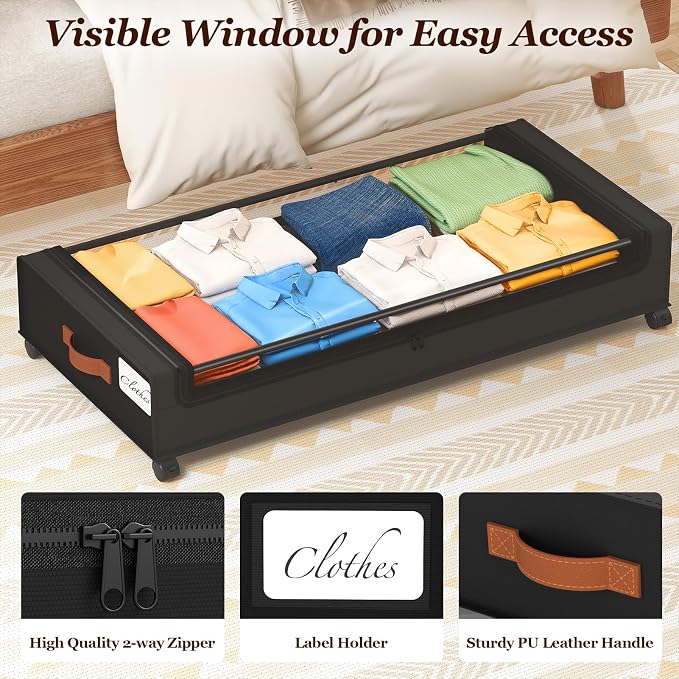 Yecaye 70 L Under Bed Storage with Wheels, 3 Pack Larger Capacity Under Bed Storage Containers, Underbed Shoe Storage Organizer, Rolling Under Bed Metal Drawers for Clothes, Blankets, Black - Image 5