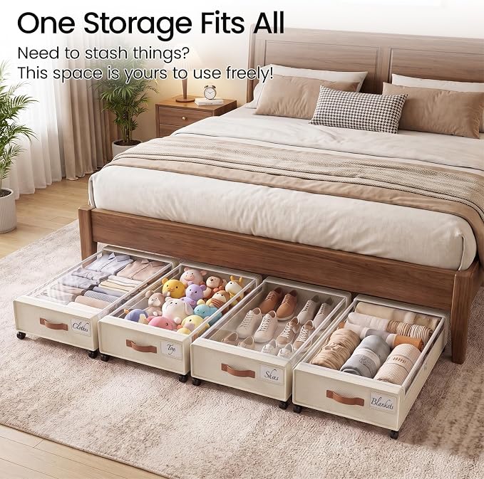 Yecaye Under Bed Storage with Wheels, 2 Pack Under Bed Storage Containers, 60L Underbed Shoe Storage with Clear Window & Label, Rolling Under Bed Metal Drawer for Clothes, Shoes, Books, Blankets - Image 6