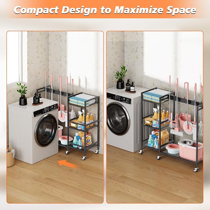 Broom and Mop Holder, MUNNAR Broom Closet Storage Cabinet with Cleaning Supplies Organizer, 2-in-1 Broom Mop and Cleaning Supplies Storage Cleaning Cart, Cleaning Cart with Wheels for Housekeeping - Image 5