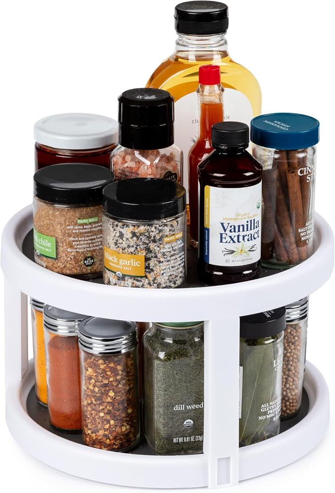Kitchen Spaces Two-Tier Lazy Susan Organizer, Cabinet Turntable Shelf Storage for Kitchen and Pantry Items, Great for Spices or Condiments, Non-Skid, Sturdy with Full Spin, White by KitchenSpaces