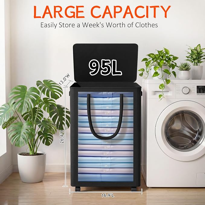 Slim Laundry Hamper with Wheels,25 Gal (95L) Rolling Laundry Basket with lid and wheels Clothes Hamper Foldable Tall Dirty Clothes Basket Sturdy Collapsible Clothes Hamper for Dorm,Laundry Room - Image 2