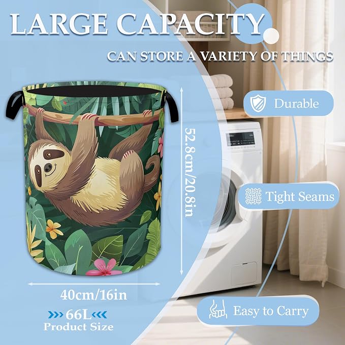 Palm Sloth Laundry Basket Collapsible Laundry Hamper Oxford Storage Bin for Clothes Storage, Organizer, Books and Sundries 16" X 20.8" - Image 2