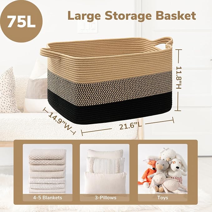 Goodpick Large Woven Blanket Basket, Rectangle, Black Jute, 75L - Image 3