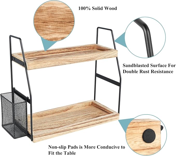 Uneviesyka Bathroom Counter Organizer, 2-Tier Standing Storage Shelf with Basket, Wood Tray for Skincare Vanity Organizer - Image 7
