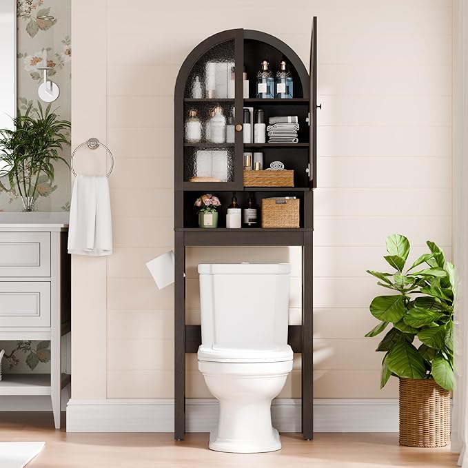 Over The Toilet Storage Cabinet, 23.7”W Modern Storage Cabinet Over Toilet with Acrylic Doors, Arched Freestanding Over Toilet Rack with Adjustable Shelf for Bathroom, Espresso - Image 3