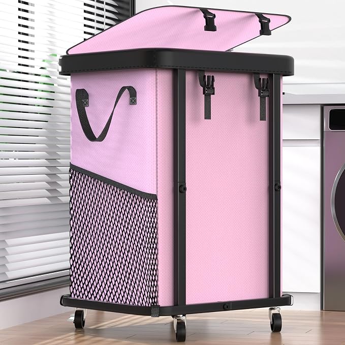 Laundry Basket with Wheels,150L (40 Gal) Rolling Hamper Carts - Pink by Unlockyourhomestoragelife