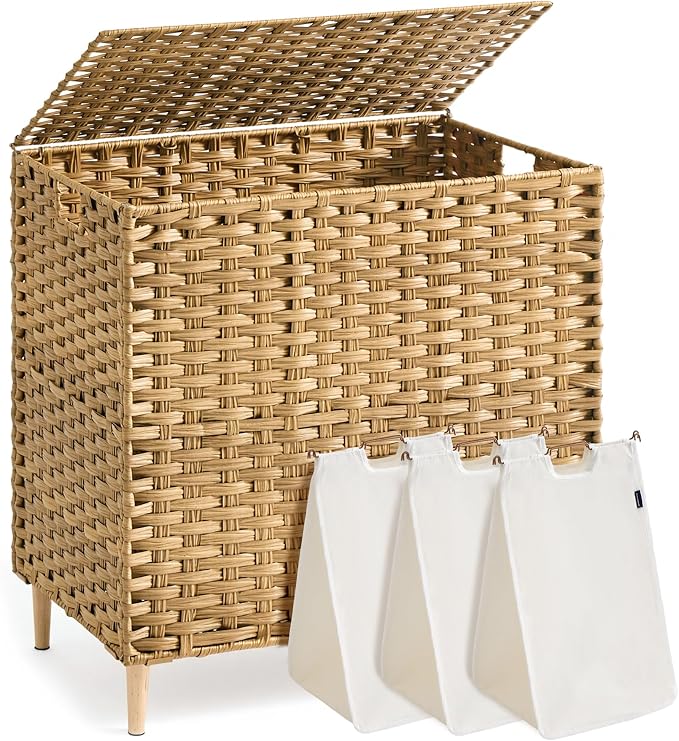SONGMICS 3-Section Laundry Hamper with Lid, PE Rattan, 42 Gallons (160 L) by Unknown