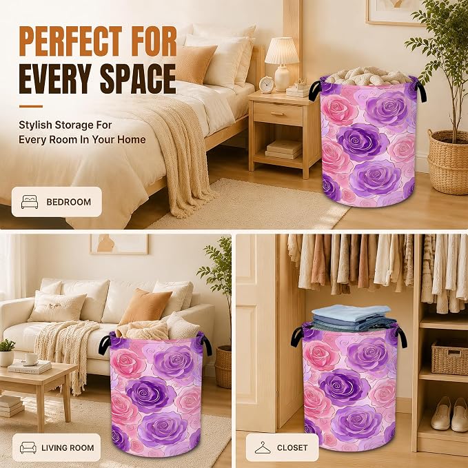 Decorative Foldable Laundry Basket with Handles, Pink Purple Rose Flower Oxford Clothes Hamper, 16 x 20.8 Inch Storage Basket for Bedroom Bathroom Laundry Room,20.8x16 Inch - Image 7