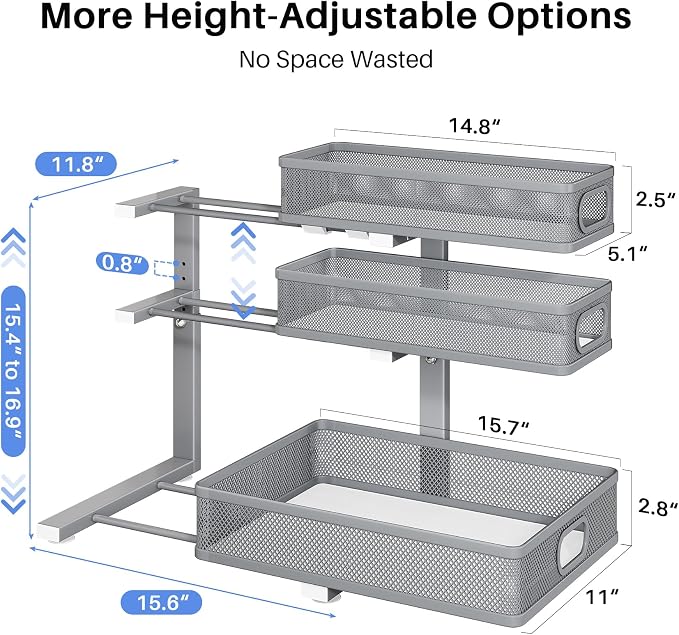 Under Sink Organizer, 3-Tier Thickened Metal Pull out Cabinet Organizer Shelf, Height Adjustable Slide out Storage Drawer Rack for Kitchen Bathroom Pantry Laundry Home Organization, 2-Pack, Grey - Image 9