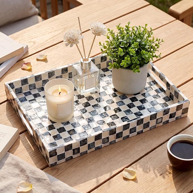 Reallnaive Mother of Pearl Lazy Susan for Table Turntable Organizer Marble Patterned Lazy Susan Wood Spinning Tray Rotating for Kitchen Cabinet Spice Pantry 12 Inch(Square,Black White Checkerboard) - Image 2