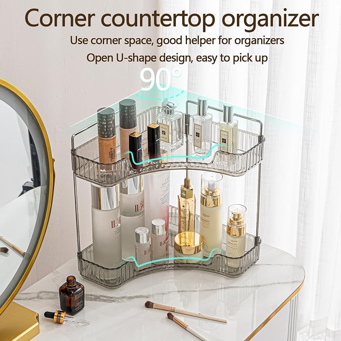 shuang qing 2-Tier Corner Bathroom Counter Organizer – Classic Storage Shelf for Makeup, Perfume & Toiletries, Space-Saving Countertop Tray Fits Bathroom, Dresser, Kitchen (Slate Gray) - Image 5