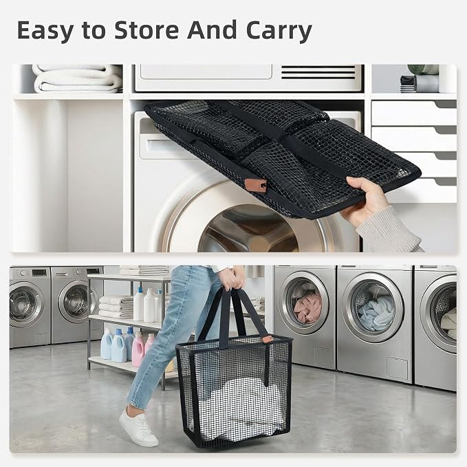 STORAGE MANIAC Collapsible Laundry Basket, 16.9 Gal. Large Pop-up Laundry Hamper with Long Carry Handles, Space-Saving Foldable Clothes Hamper with Bottom Elastic Band, Travel Laundry Bags, Mesh Black - Image 5