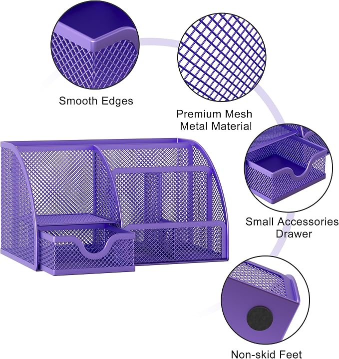 EasyPAG Mesh Desk Organizer with Drawer Multi-functional Pen Holder Stationery Organizer for Office School Supplies 6 Compartments Dorm Organizers and Storage for Desk, Purple - Image 3