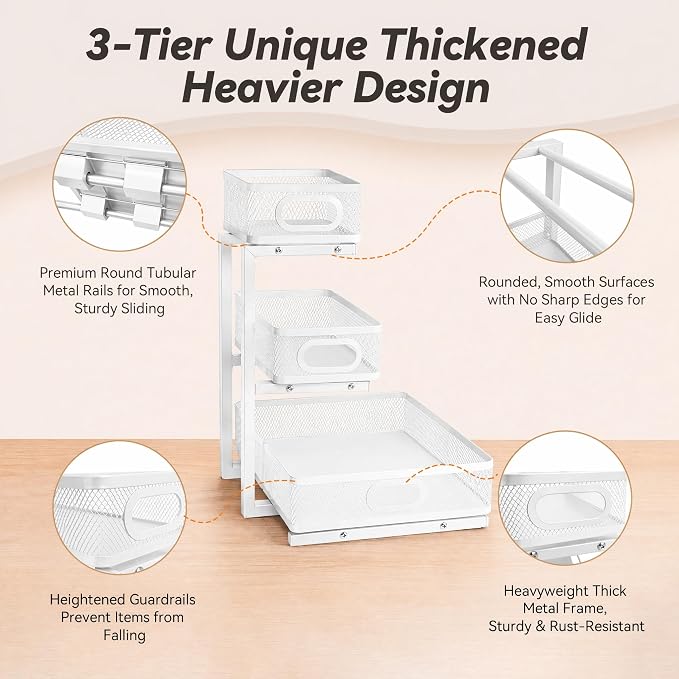 3-Tier Under Sink Organizer 2-Pack Organization for Bathroom Kitchen,White - Image 7