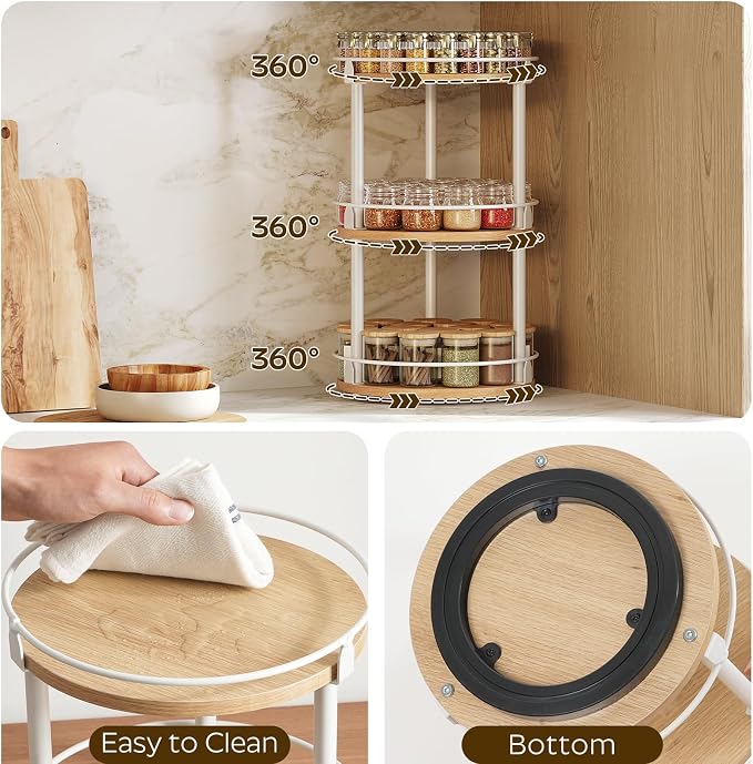 YATINEY 3-Tier Lazy Susan Organizer, Rotating Spice Rack, Spinning Organizer, Industrial Turntable Spice Rack Organizer for Cabinet, Kitchen Countertop, Pantry, White and Natural SR23WN - Image 6