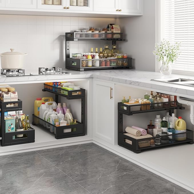 2 Pack 19IN Depth Under Sink Storage Organizer, Large 2-Tier Elegant Mesh Pull Out Shelf for Kitchen and Bathroom Cabinet Organization, L-Shaped and Adjustable Height Design-Black - Image 6