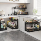2 Pack 19IN Depth Under Sink Storage Organizer, Large 2-Tier Elegant Mesh Pull Out Shelf for Kitchen and Bathroom Cabinet Organization, L-Shaped and Adjustable Height Design-Black - Image 6