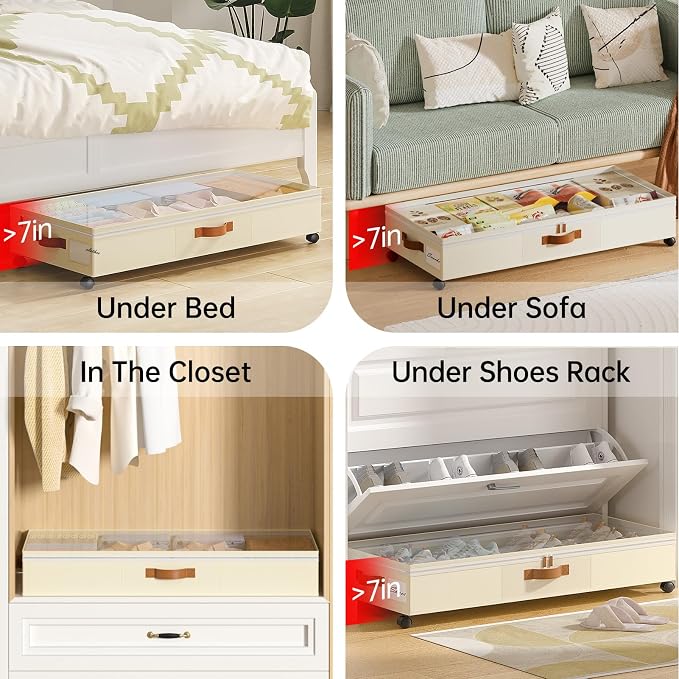 Yecaye Under Bed Storage with Wheels, 65L Under Bed Storage Containers with Adjustable Dividers & Clear Lid, Rolling Underbed Organizer Bins Drawer for Clothes, Shoes, Blankets, 2 Pack - Image 7