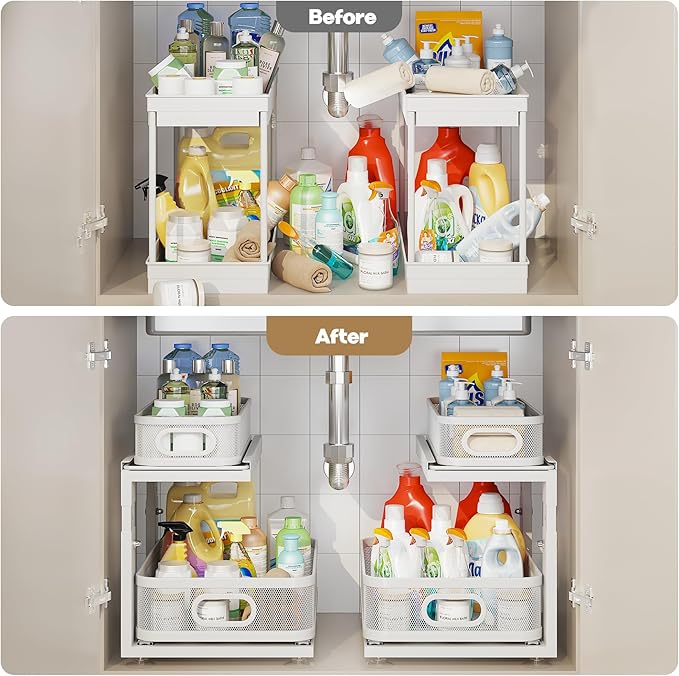 2 Pack Under Sink Organizer With Next-Gen Ball-Bearing Slides,2-Tier Precision Mesh Pull Out Cabinet Drawers Storage for Bathroom&Kitchen,Height Adjustable Shelf,Rust-resistant-Patent Pending - Image 6