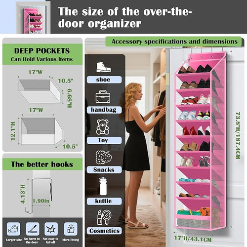 10 - Pocket Over - the - Door Hanging Shoe Organizers & Rack, Made of Sturdy 600D Oxford + Non - Woven Fabric, Space - Saving Storage for Shoes, Boots & More (Pink) - Image 2