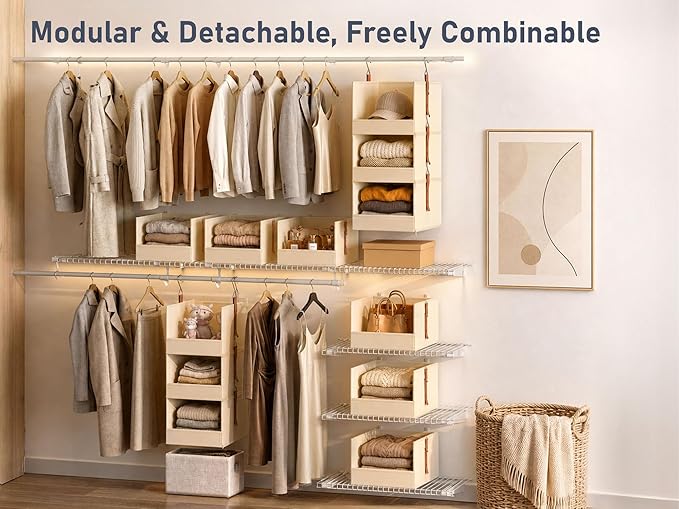 DIMJ Hanging Closet Organizer - 6-Tier Modular Hanging Shelves with Zippers Hooks, Collapsible Baskets for RV, Dorm, Small Spaces, Fabric Storage Bins for Clothes, Handbags - Image 5
