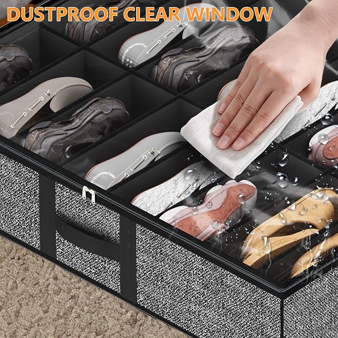 homyfort Under Bed Shoe Storage Organizer Fits 16 Pairs Shoes and 4 Pairs Boots, Underbed Shoe Storage Boxes Bins, Organizador De Zapatos, Extra Large Zapateras Organizer for closet, Black, Set of 2 - Image 3