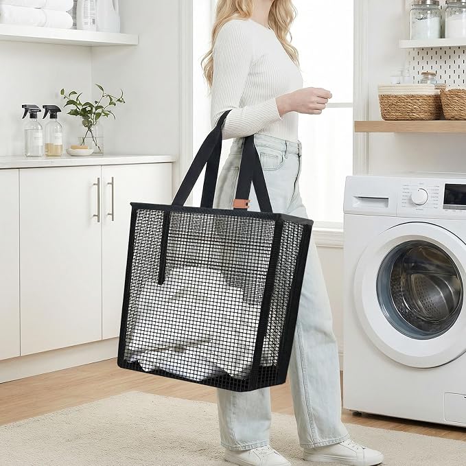 STORAGE MANIAC Collapsible Laundry Basket, 16.9 Gal. Large Pop-up Laundry Hamper with Long Carry Handles, Space-Saving Foldable Clothes Hamper with Bottom Elastic Band, Travel Laundry Bags, Mesh Black - Image 4