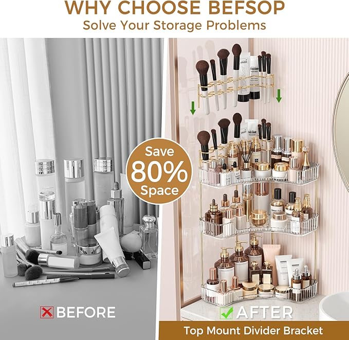 BEFSOP Corner Bathroom Counter Organizer, Upgraded 3-Tier Makeup Organizer Countertop with Makeup Brush Holder, Skincare Exquisite Vanity Organizers Countertop Bathroom Storage Dresser(CLEAR) - Image 3