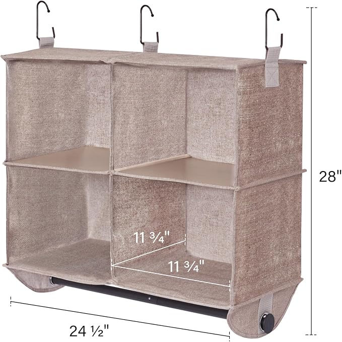 StorageWorks Hanging Closet Organizer with Rod, 4 Sections, 2 Tiers, Brown | Maximize Closet Space with 4 Open Sections and Built-in Rod for Hanging Clothes Below - Image 3