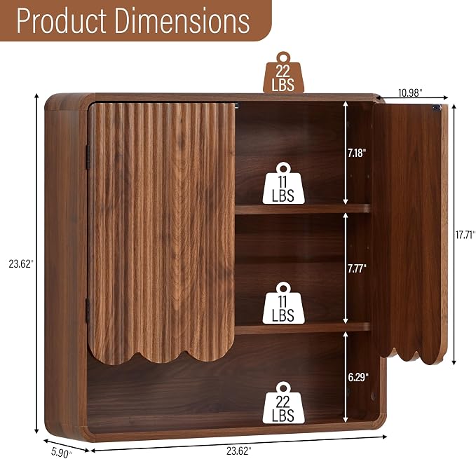 AVZEAR Fluted Bathroom Wall Cabinet Over the Toilet Storage Cabinet, Walnut - Image 2