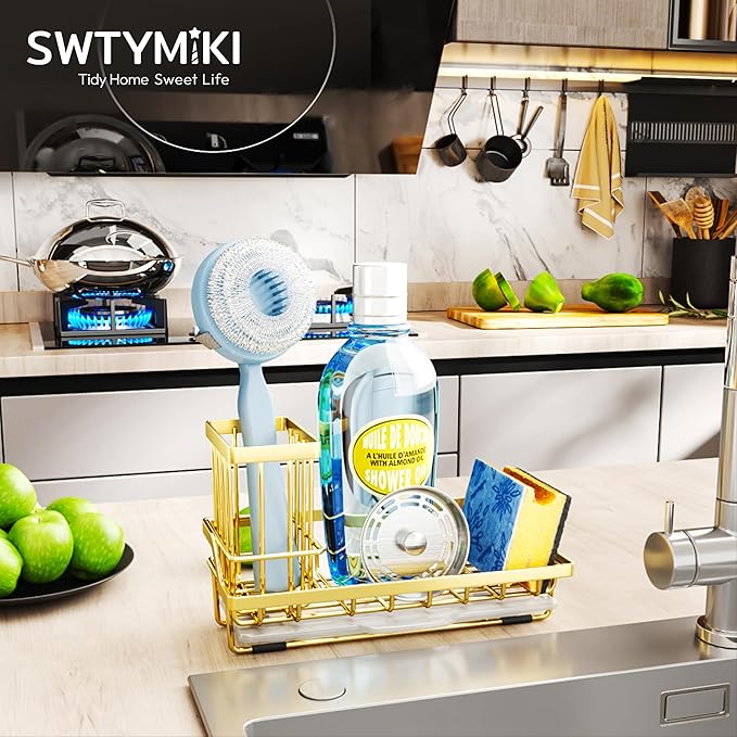 SWTYMIKI Sink Caddy Kitchen Sink Organizer with Detachable Brush Holder, Stainless Steel Sponge Holder with Removable Drip Tray Sponge Caddy for Kitchen Countertop, Gold - Image 2